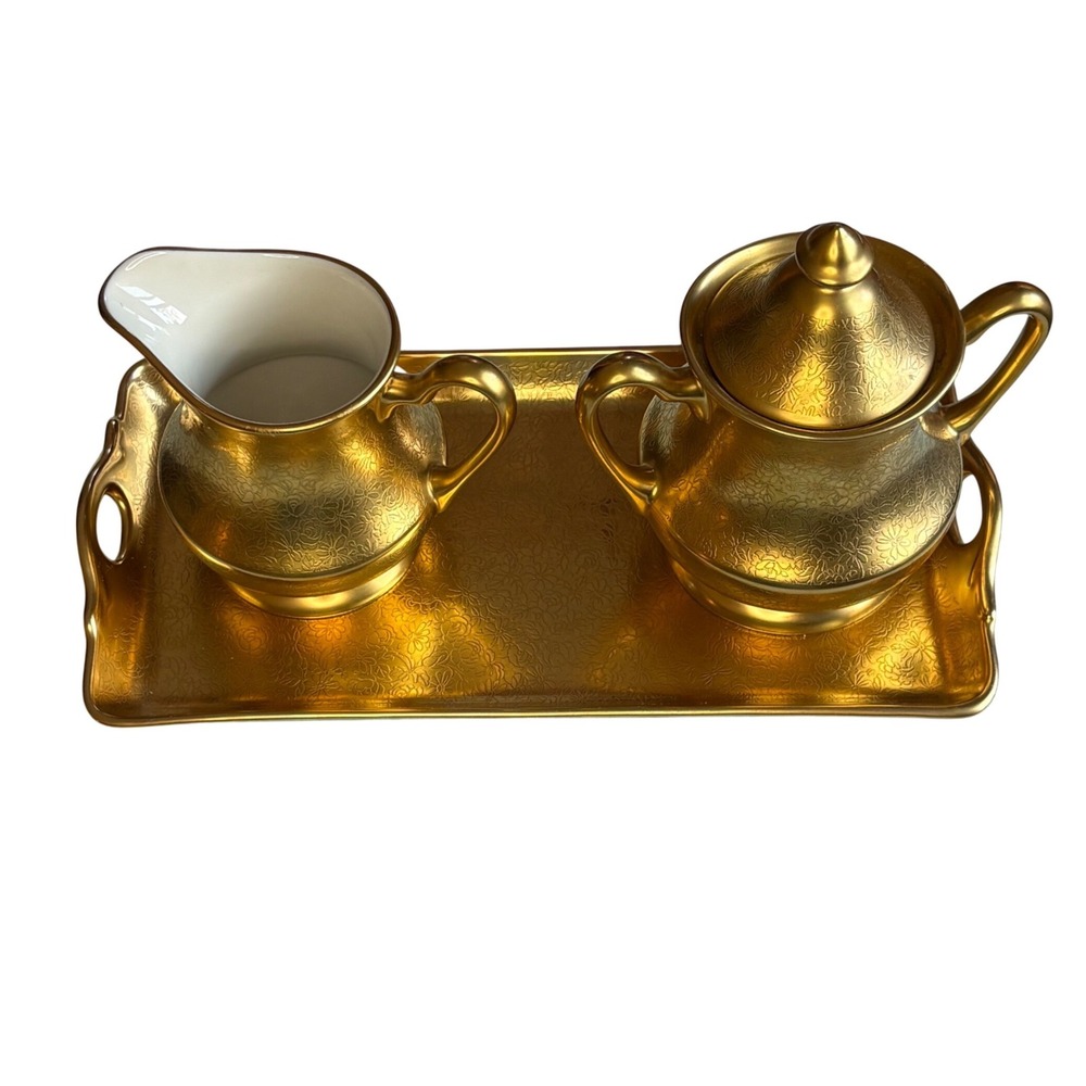 Vintage Pickard Gold Encrusted Creamer Sugar Tray Set Pattern 464 Rose & Daisy